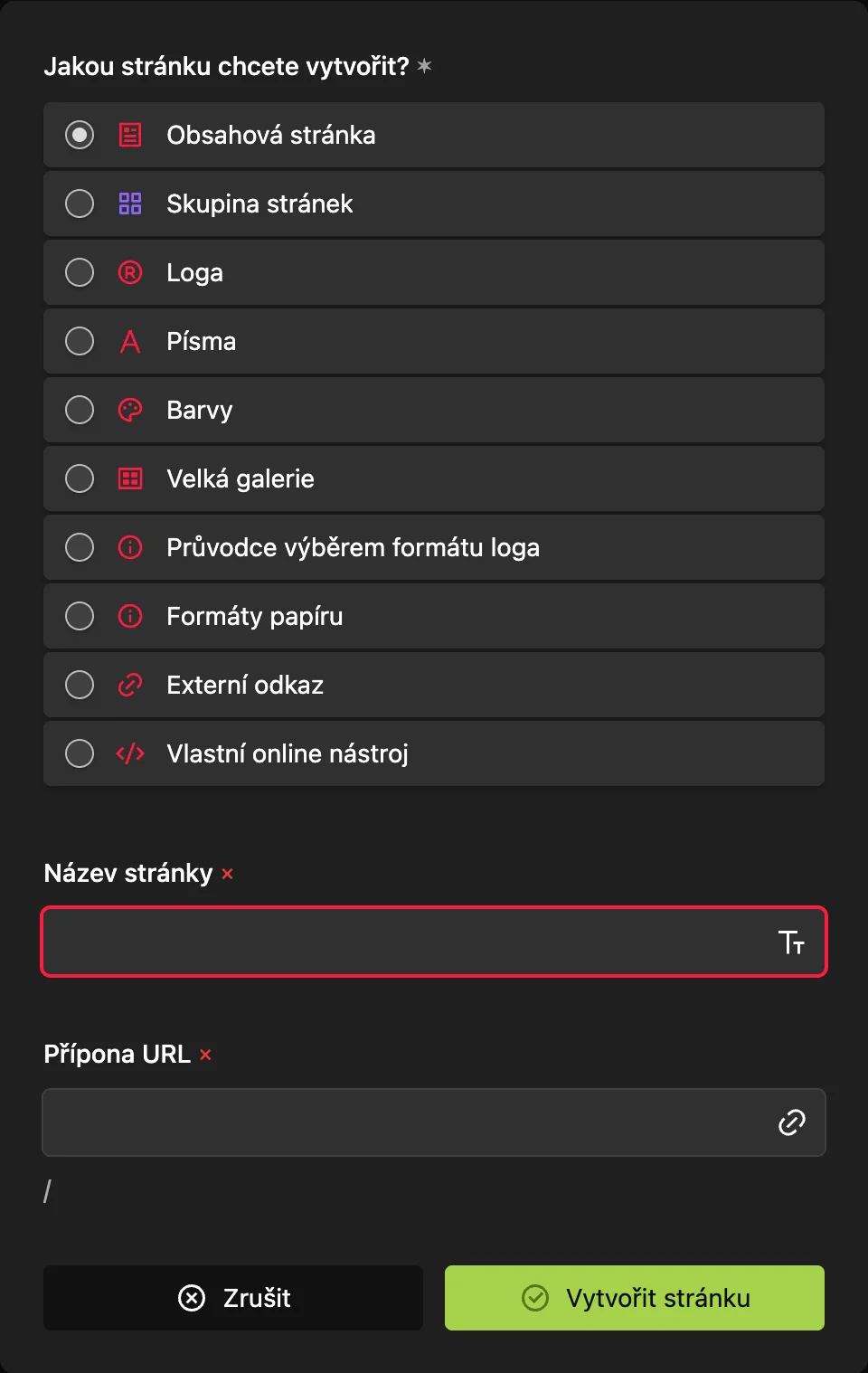Typ volíte při zakládání stránky. Později už změnit nejde.