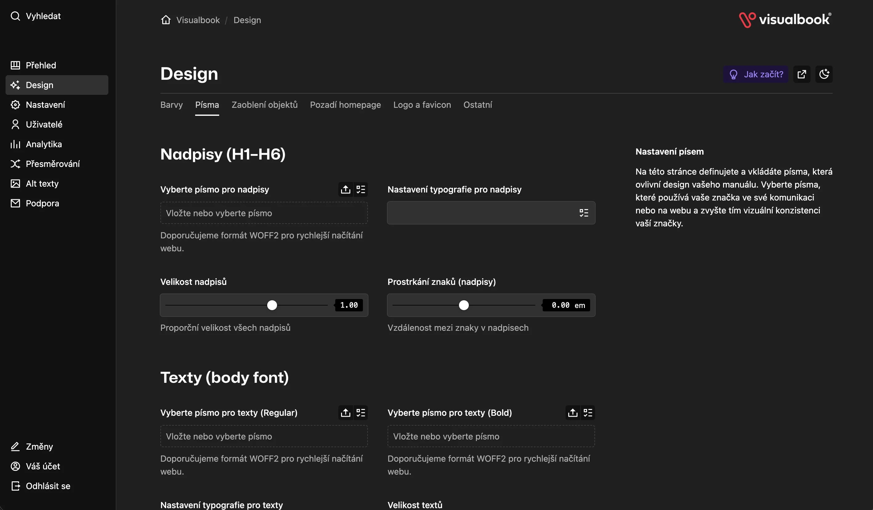 Admin panel Visualbooku – nastavení písem