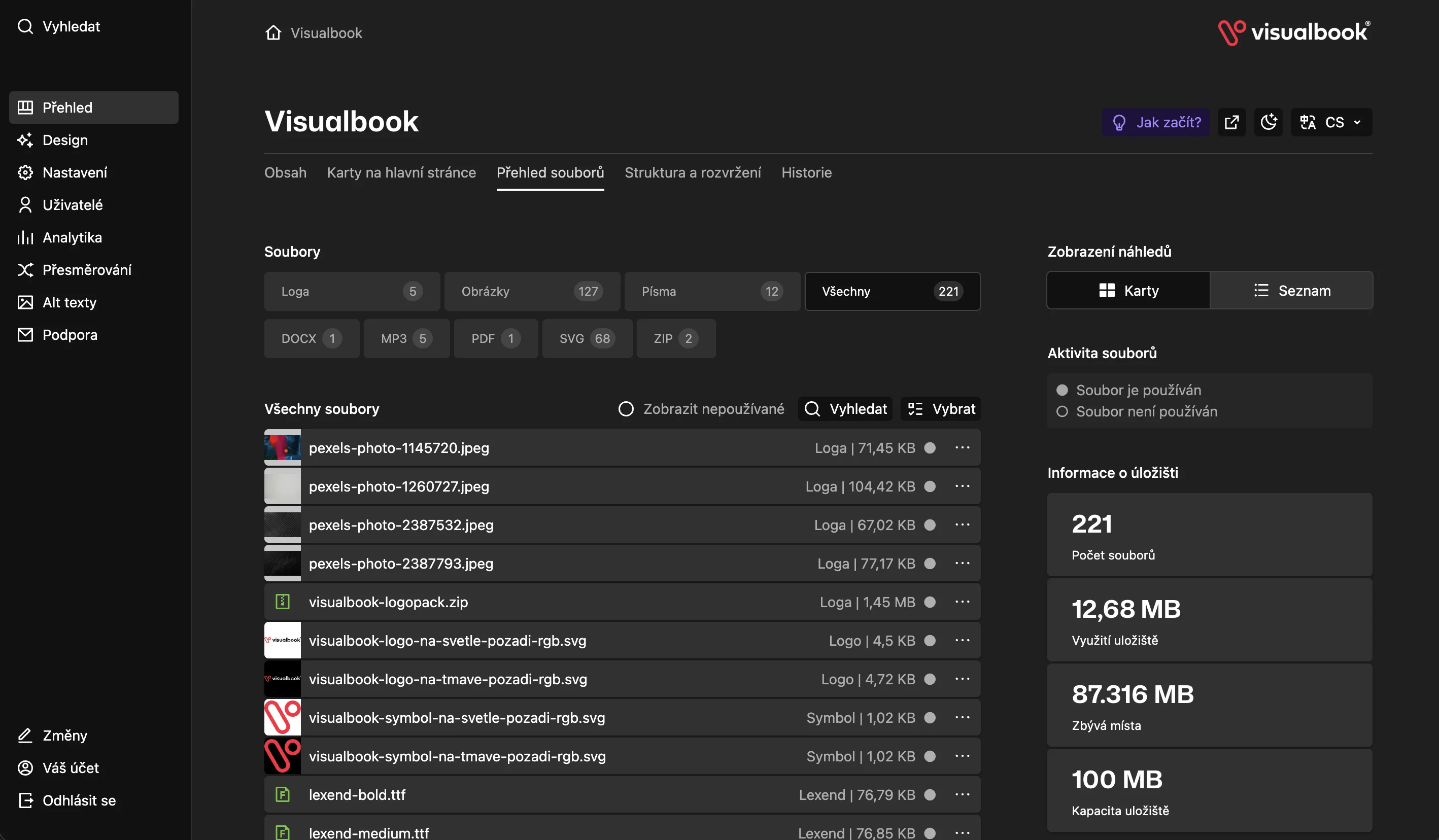 Admin panel Visualbooku – přehled souborů ke stažení